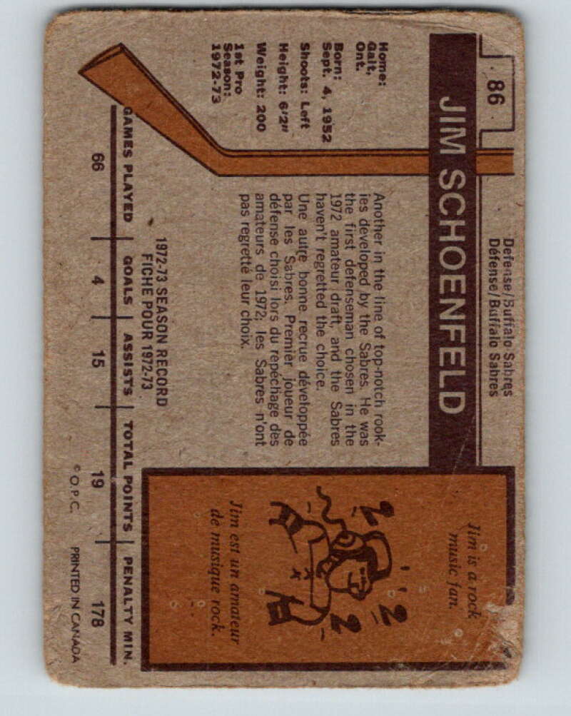 1973-74 O-Pee-Chee #86 Jim Schoenfeld Buffalo Sabres V8285