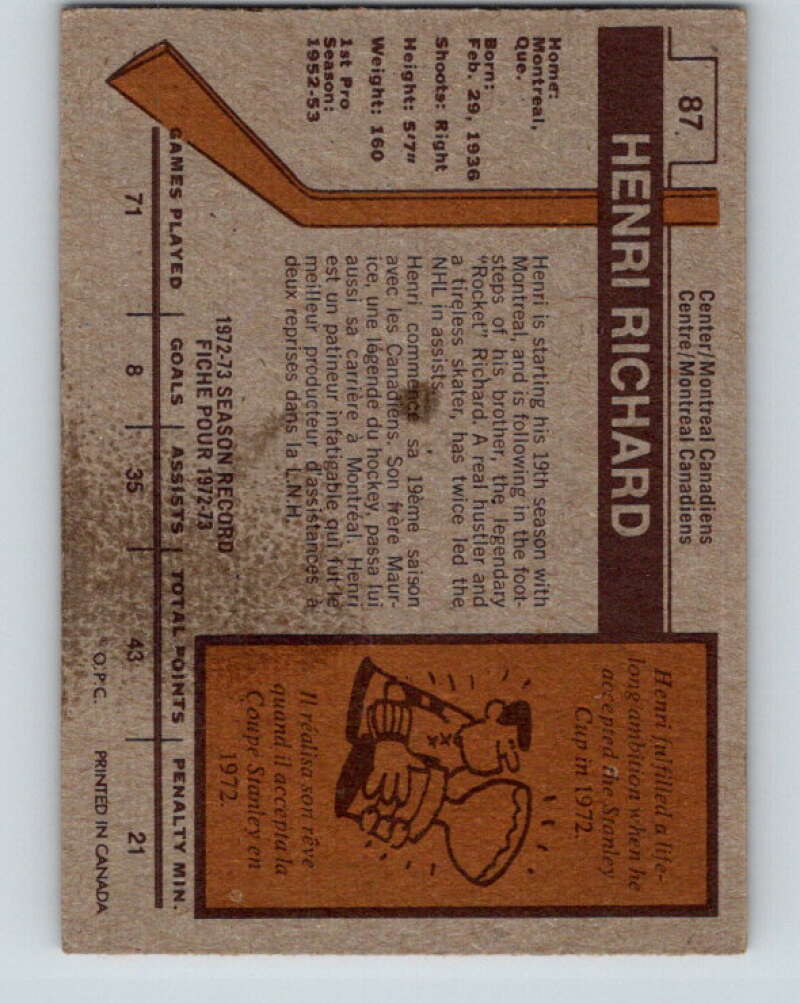 1973-74 O-Pee-Chee #87 Henri Richard Montreal Canadiens V8286