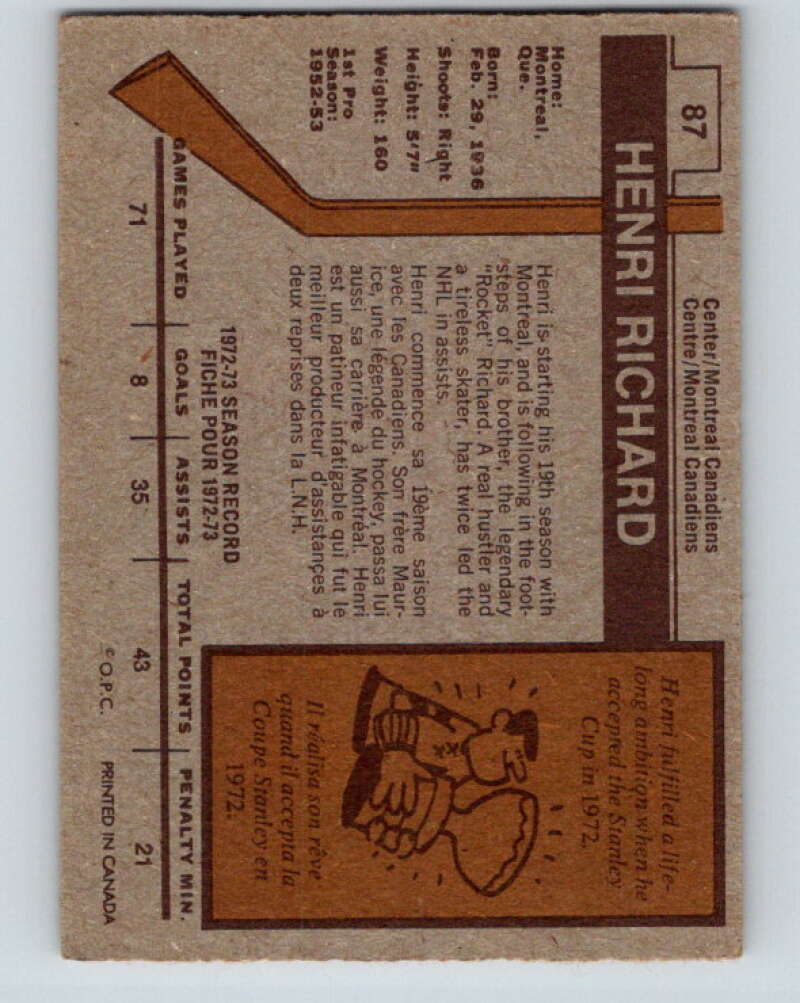 1973-74 O-Pee-Chee #87 Henri Richard Montreal Canadiens V8288