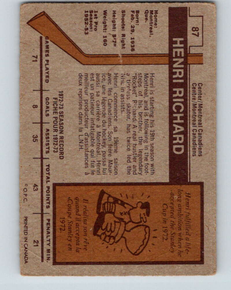 1973-74 O-Pee-Chee #87 Henri Richard Montreal Canadiens V8289