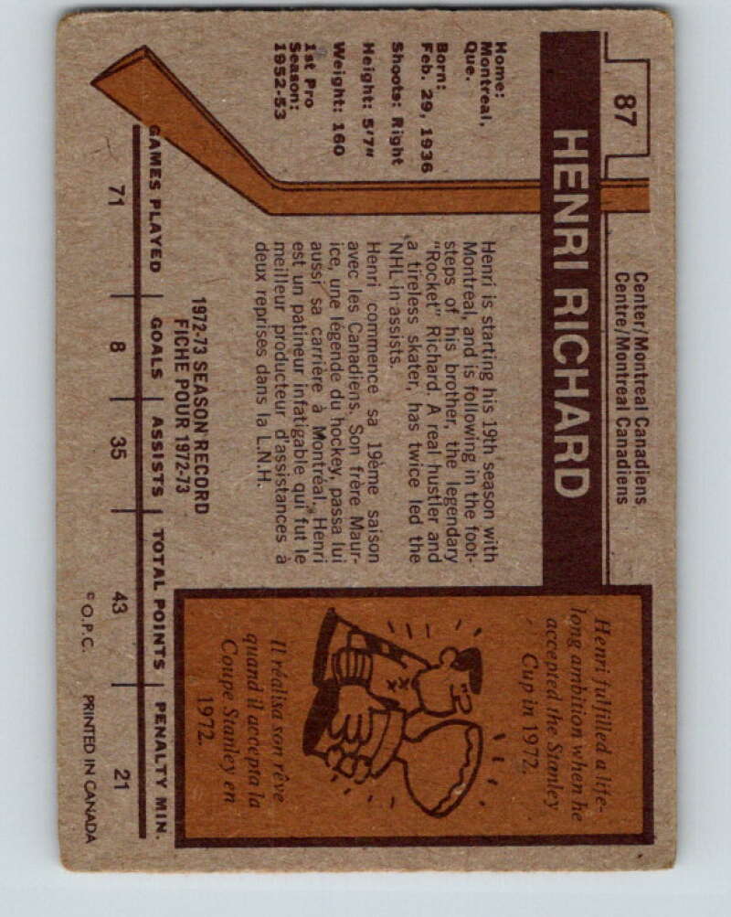 1973-74 O-Pee-Chee #87 Henri Richard Montreal Canadiens V8290