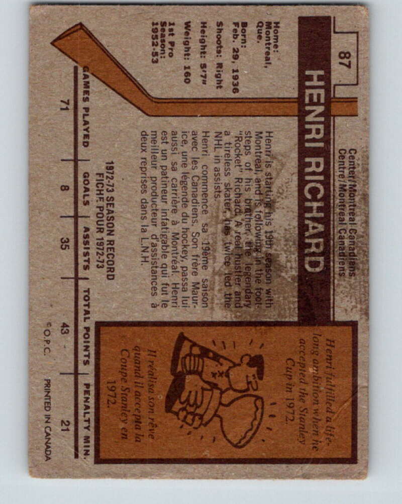1973-74 O-Pee-Chee #87 Henri Richard Montreal Canadiens V8291