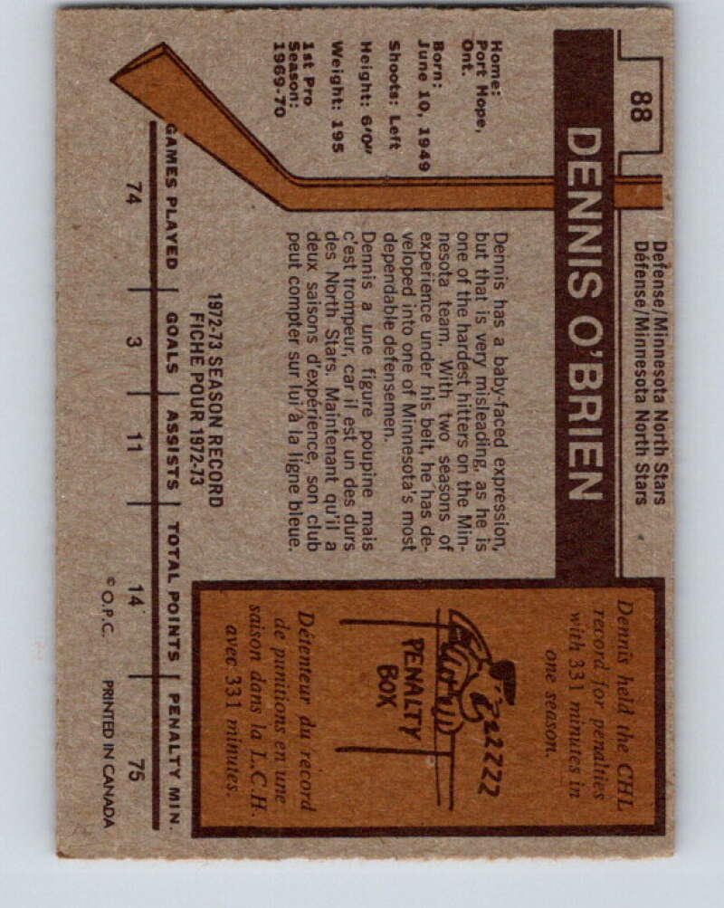 1973-74 O-Pee-Chee #88 Dennis O'Brien RC Rookie Minnesota North Stars V8293