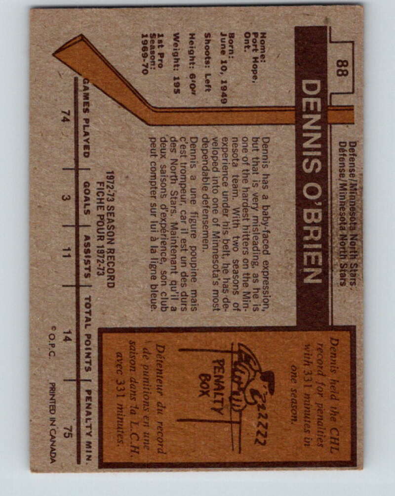 1973-74 O-Pee-Chee #88 Dennis O'Brien RC Rookie Minnesota North Stars V8294