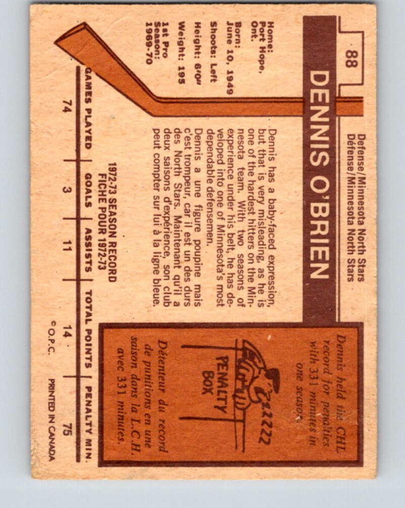 1973-74 O-Pee-Chee #88 Dennis O'Brien RC Rookie Minnesota North Stars V8295