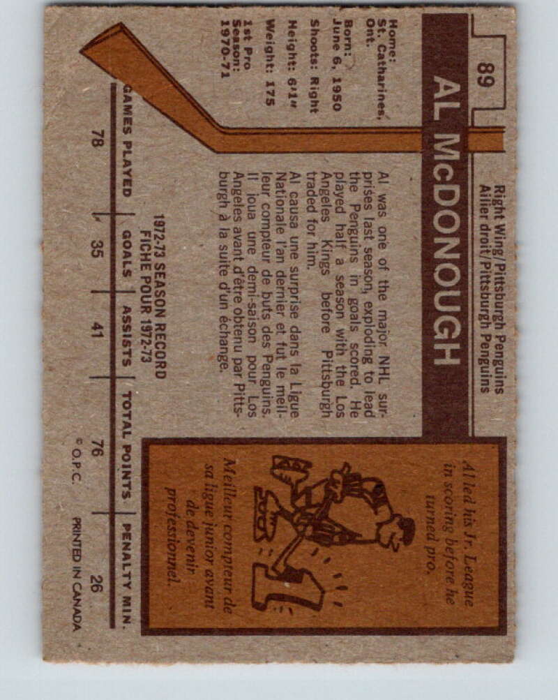 1973-74 O-Pee-Chee #89 Al McDonough Pittsburgh Penguins V8296