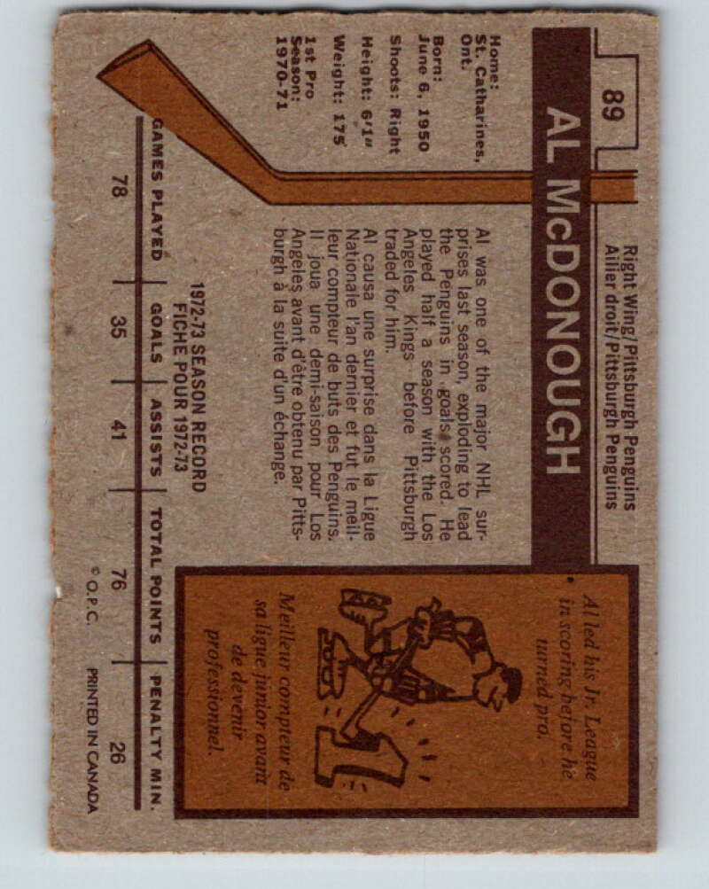 1973-74 O-Pee-Chee #89 Al McDonough Pittsburgh Penguins V8297