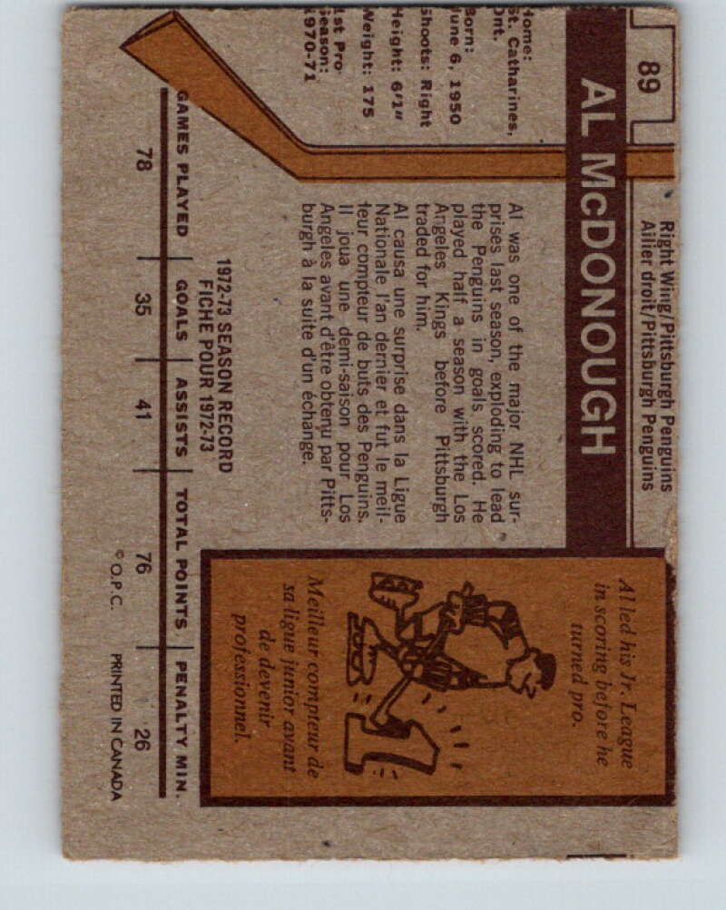 1973-74 O-Pee-Chee #89 Al McDonough Pittsburgh Penguins V8298