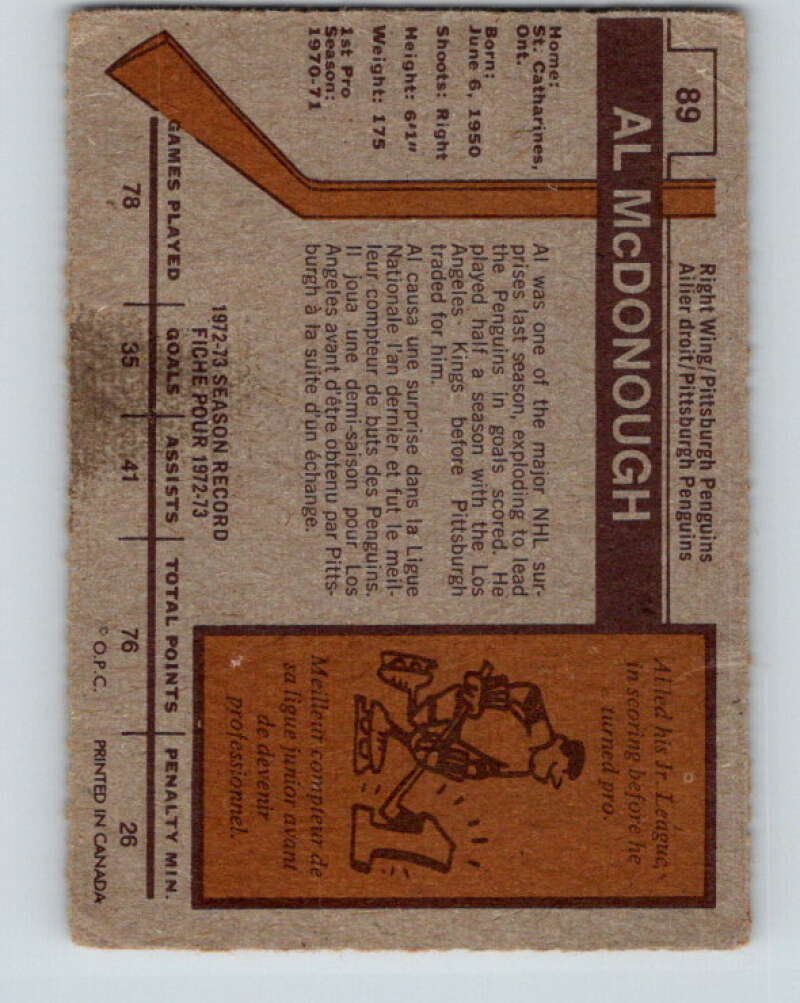 1973-74 O-Pee-Chee #89 Al McDonough Pittsburgh Penguins V8299