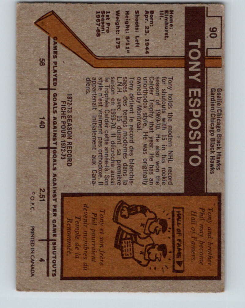 1973-74 O-Pee-Chee #90 Tony Esposito Chicago Blackhawks V8300