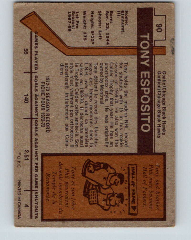 1973-74 O-Pee-Chee #90 Tony Esposito Chicago Blackhawks V8301