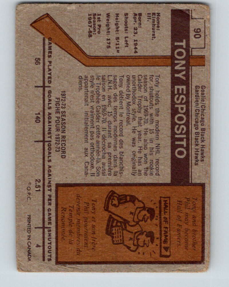 1973-74 O-Pee-Chee #90 Tony Esposito Chicago Blackhawks V8302