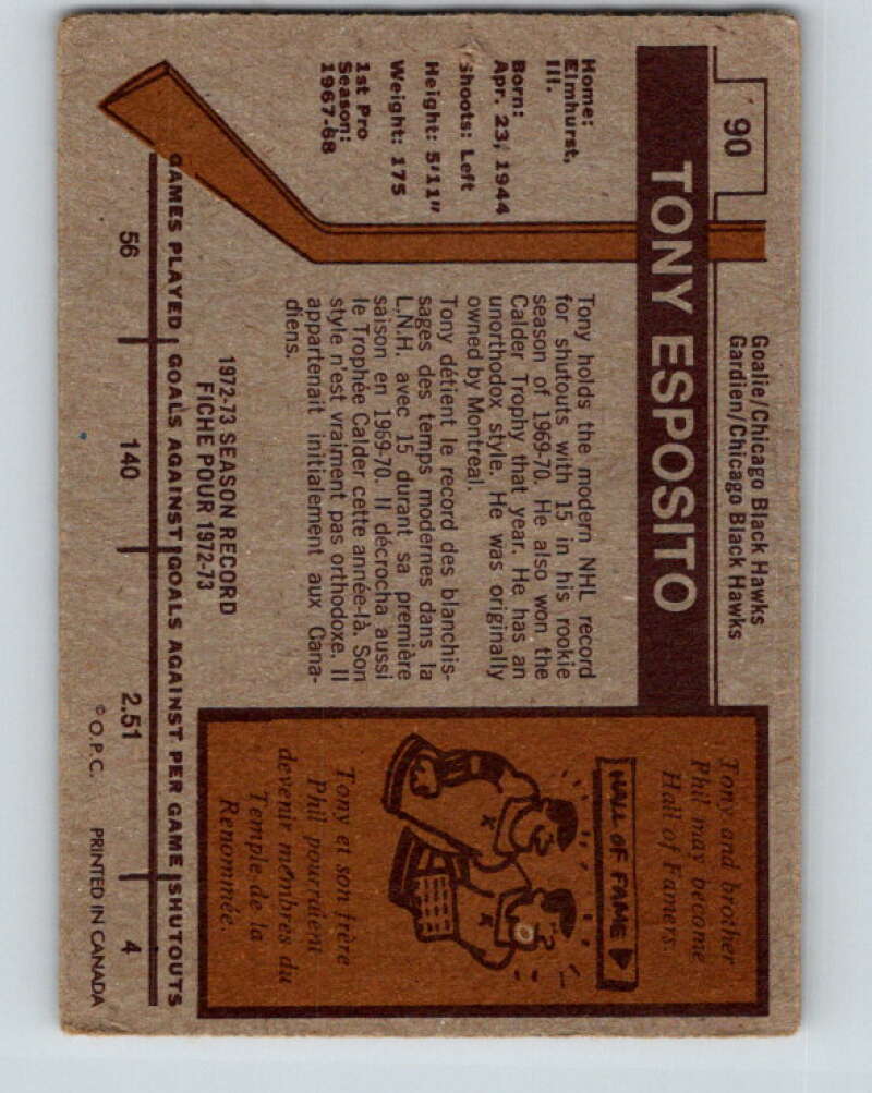 1973-74 O-Pee-Chee #90 Tony Esposito Chicago Blackhawks V8303