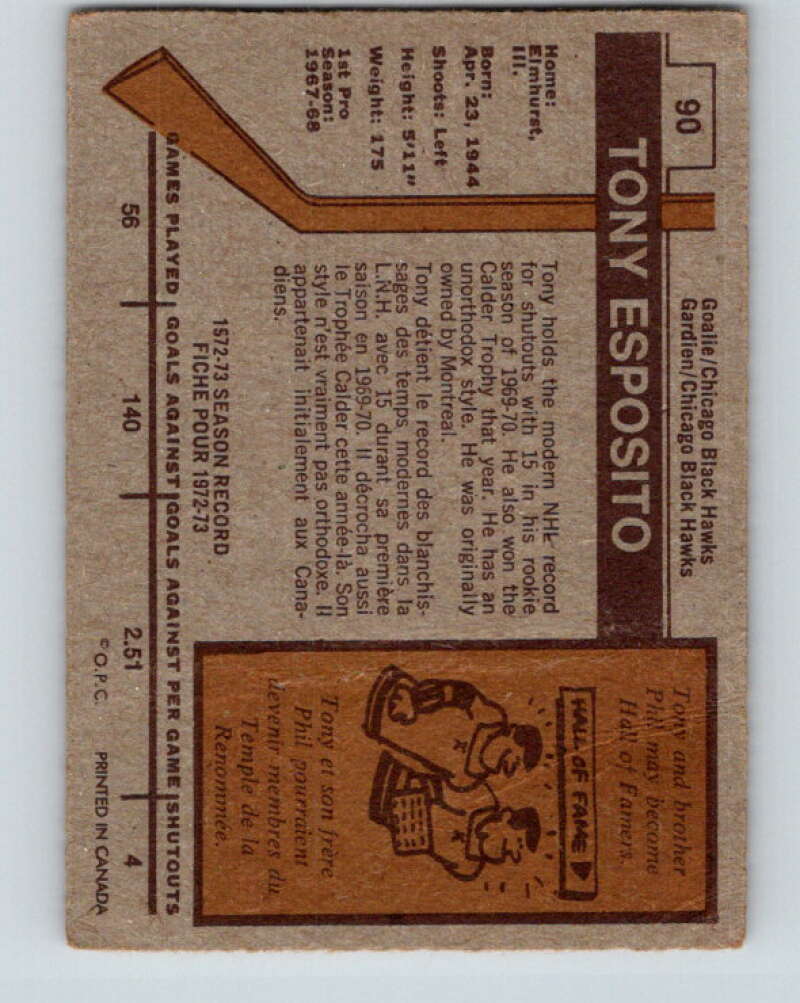 1973-74 O-Pee-Chee #90 Tony Esposito Chicago Blackhawks V8304