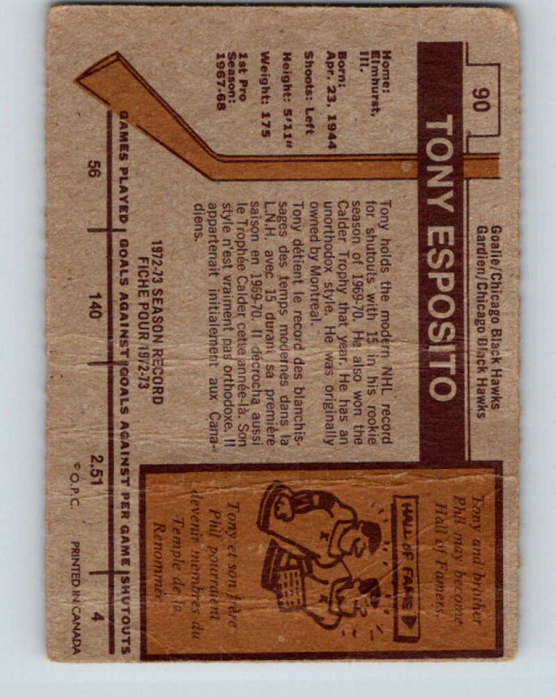 1973-74 O-Pee-Chee #90 Tony Esposito Chicago Blackhawks V8305