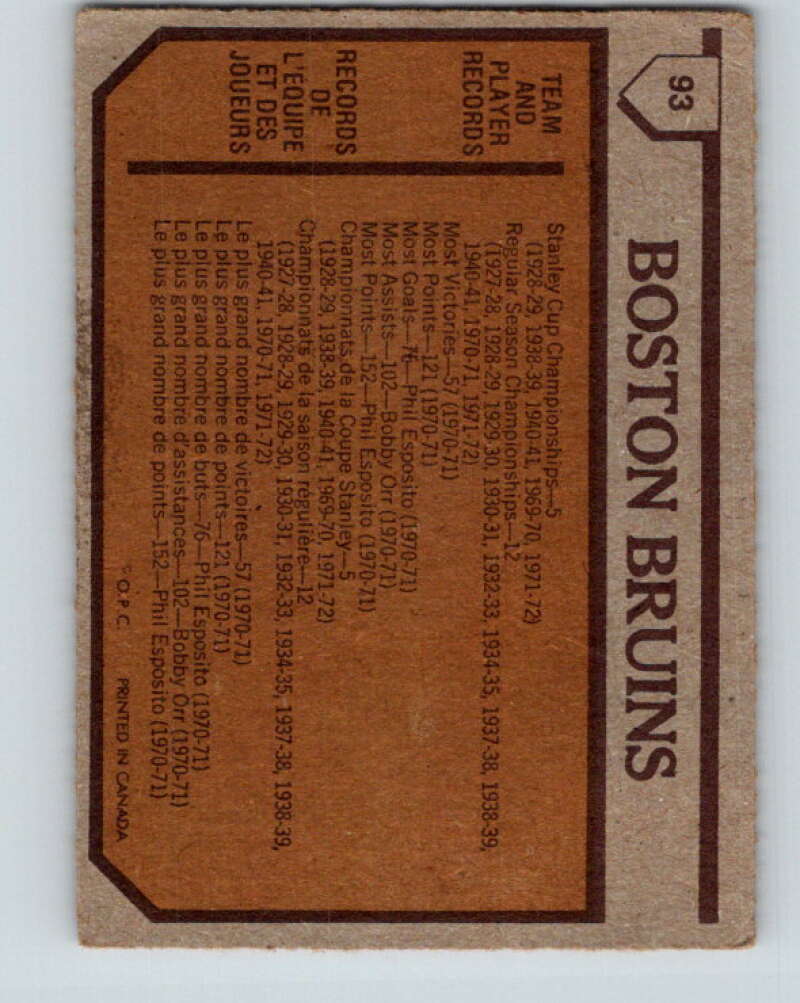 1973-74 O-Pee-Chee #93 Boston Bruins Team Boston Bruins V8308