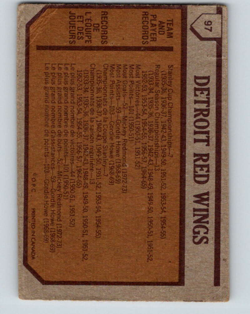 1973-74 O-Pee-Chee #97 Red Wings Team Detroit Red Wings V8318