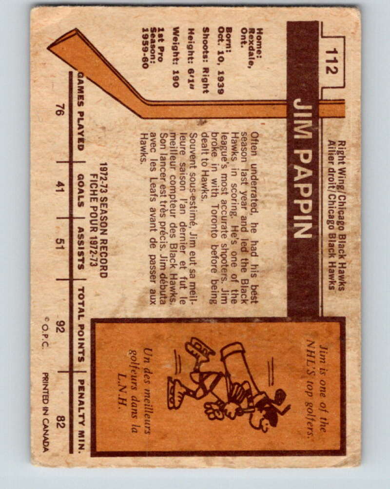 1973-74 O-Pee-Chee #112 Jim Pappin Chicago Blackhawks V8358