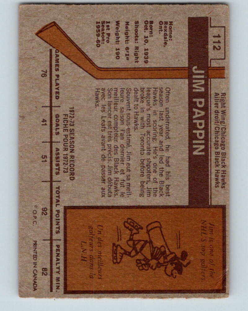 1973-74 O-Pee-Chee #112 Jim Pappin Chicago Blackhawks V8363