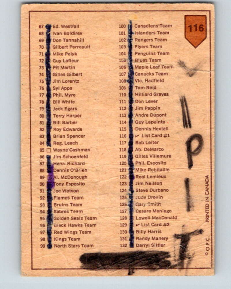 1973-74 O-Pee-Chee #116 Checklist V8378