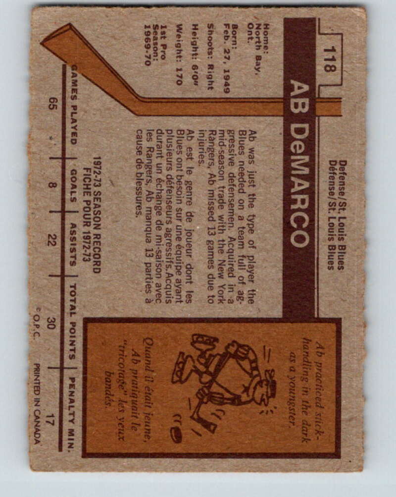 1973-74 O-Pee-Chee #118 Ab DeMarco St. Louis Blues V8381