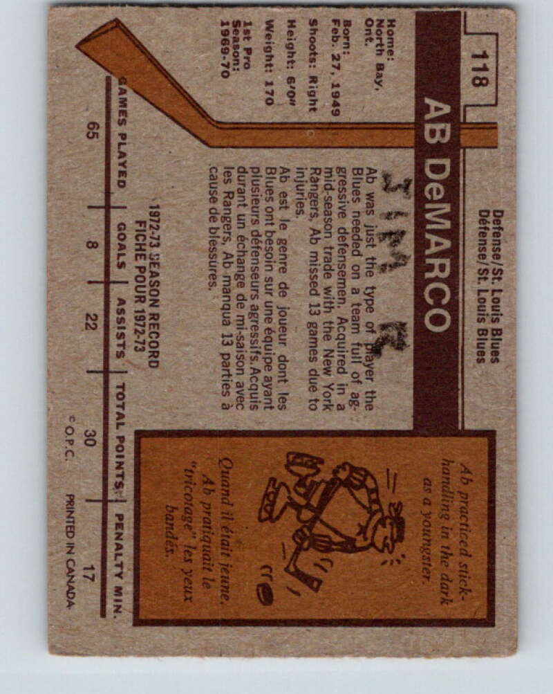 1973-74 O-Pee-Chee #118 Ab DeMarco St. Louis Blues V8382