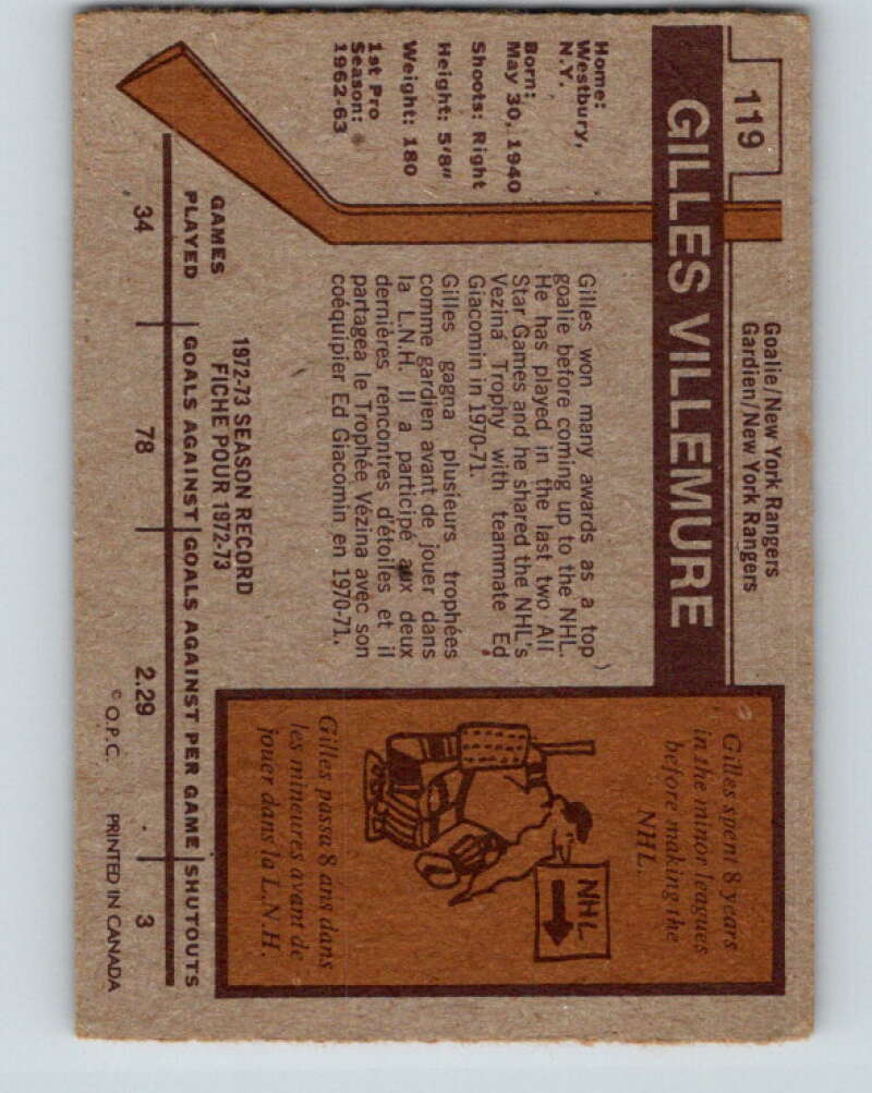 1973-74 O-Pee-Chee #119 Gilles Villemure New York Rangers V8384