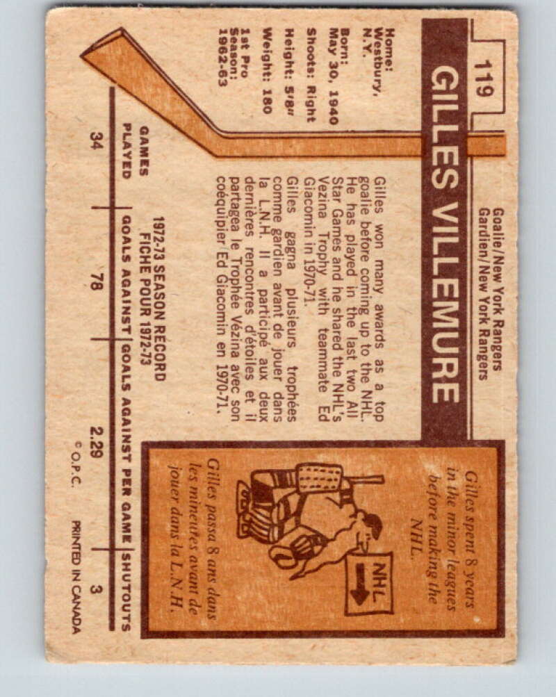 1973-74 O-Pee-Chee #119 Gilles Villemure New York Rangers V8385