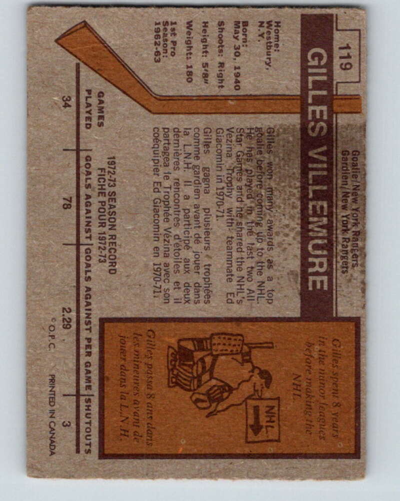 1973-74 O-Pee-Chee #119 Gilles Villemure New York Rangers V8386