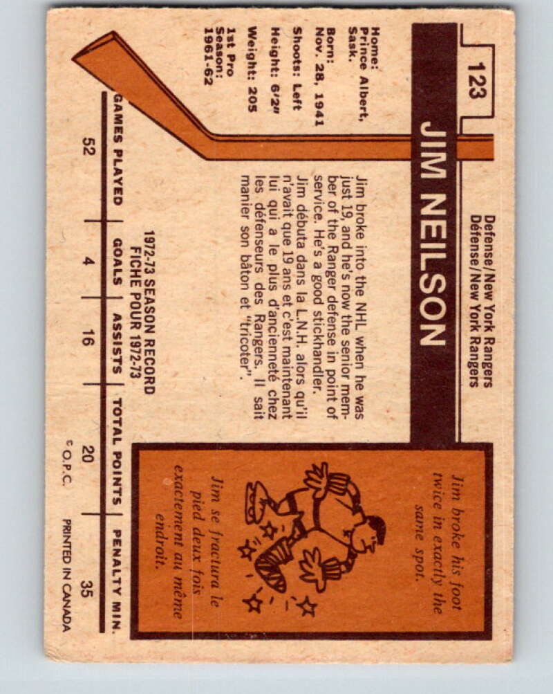 1973-74 O-Pee-Chee #123 Jim Neilson New York Rangers V8399