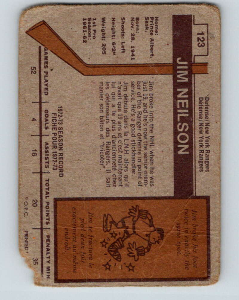 1973-74 O-Pee-Chee #123 Jim Neilson New York Rangers V8400