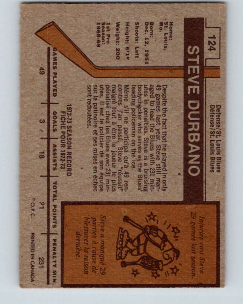 1973-74 O-Pee-Chee #124 Steve Durbano RC Rookie St. Louis Blues V8401