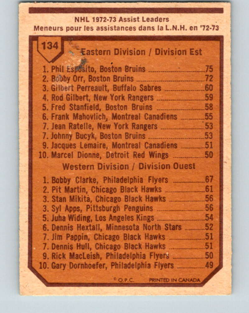 1973-74 O-Pee-Chee #134 Phil Esposito/Bobby Clarke LL V8427
