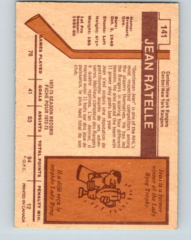 1973-74 O-Pee-Chee #141 Jean Ratelle New York Rangers V8436