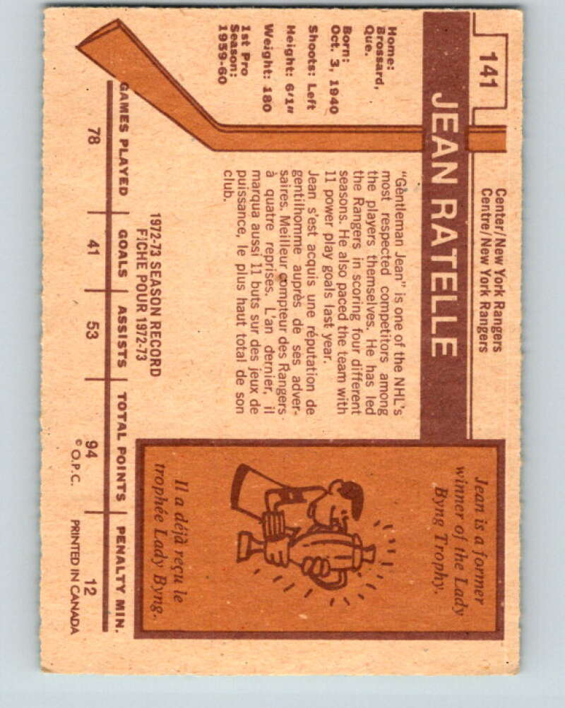 1973-74 O-Pee-Chee #141 Jean Ratelle New York Rangers V8437