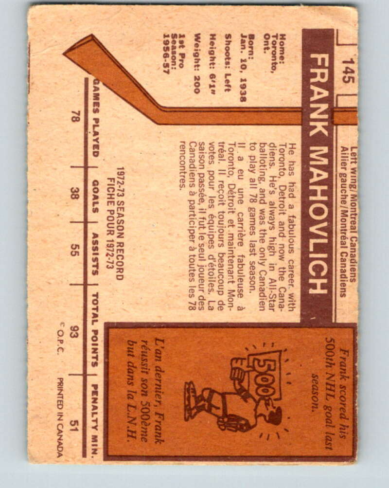 1973-74 O-Pee-Chee #145 Frank Mahovlich Montreal Canadiens V8443