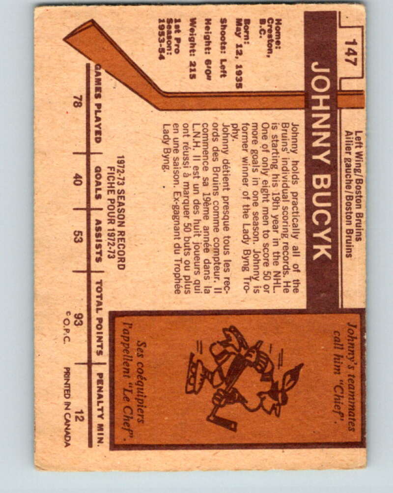 1973-74 O-Pee-Chee #147 Johnny Bucyk Boston Bruins V8445