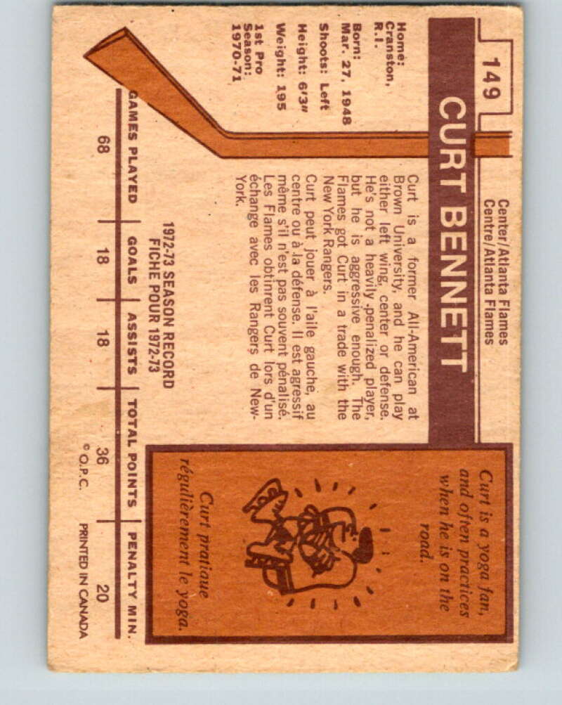 1973-74 O-Pee-Chee #149 Curt Bennett RC Rookie Atlanta Flames V8447