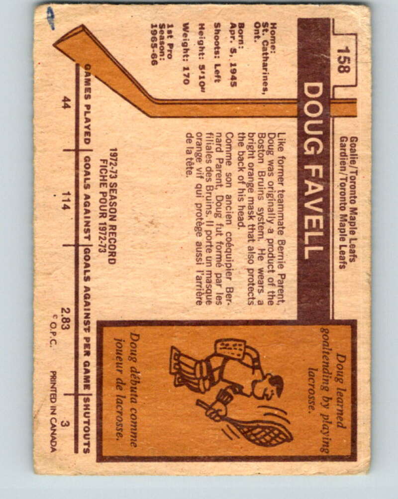 1973-74 O-Pee-Chee #158 Doug Favell Toronto Maple Leafs V8462