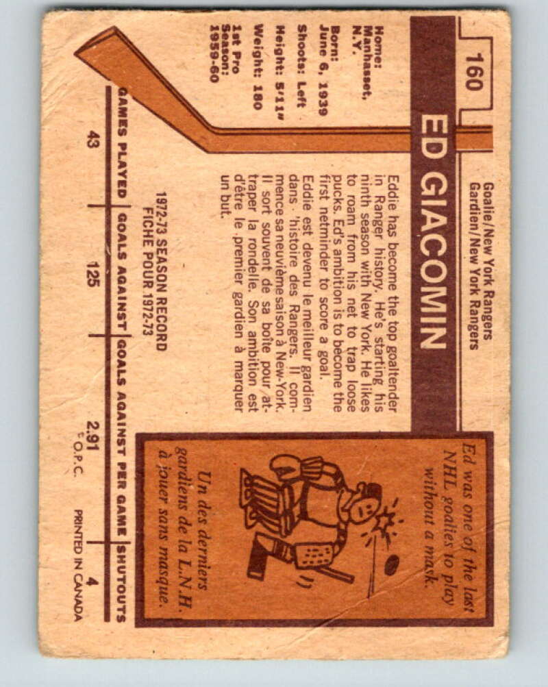 1973-74 O-Pee-Chee #160 Ed Giacomin New York Rangers V8468