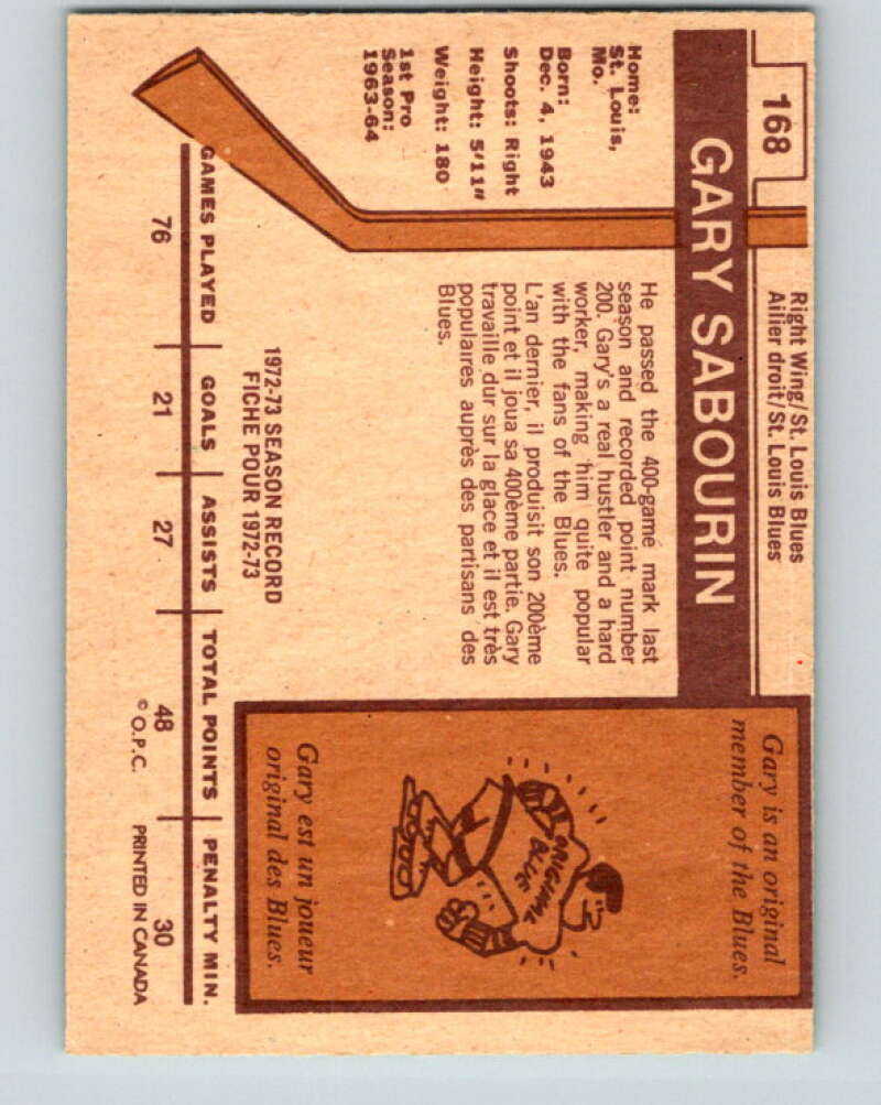 1973-74 O-Pee-Chee #168 Gary Sabourin St. Louis Blues V8485
