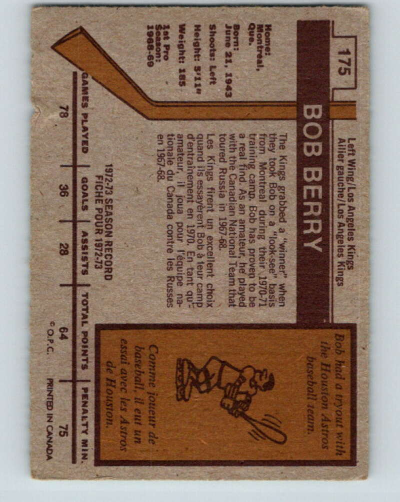 1973-74 O-Pee-Chee #175 Bob Berry Los Angeles Kings V8496