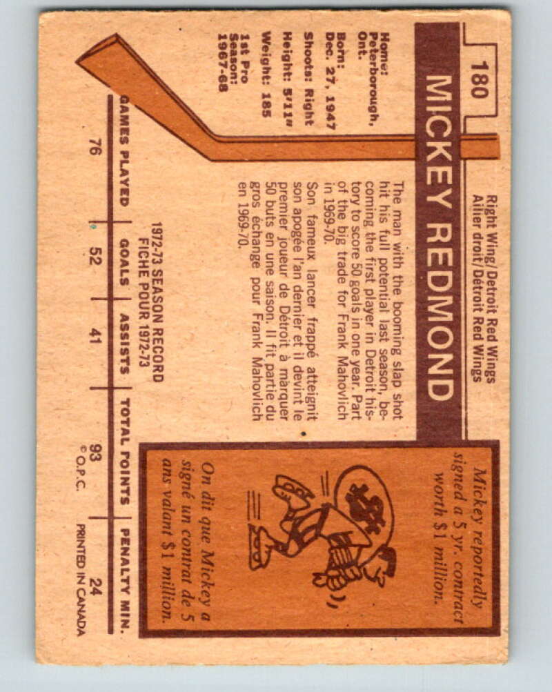 1973-74 O-Pee-Chee #180 Mickey Redmond Detroit Red Wings V8503