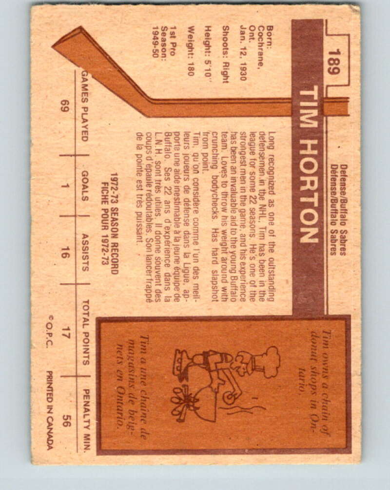 1973-74 O-Pee-Chee #189 Tim Horton Buffalo Sabres V8517
