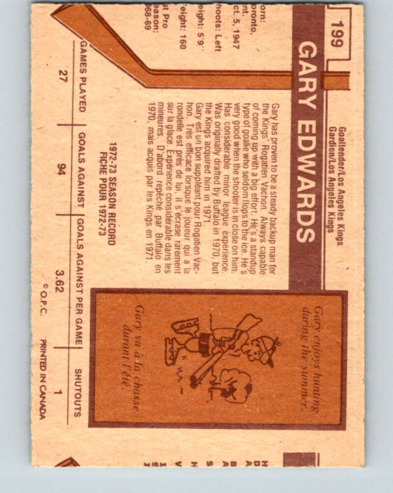 1973-74 O-Pee-Chee #199 Gary Edwards Los Angeles Kings V8544