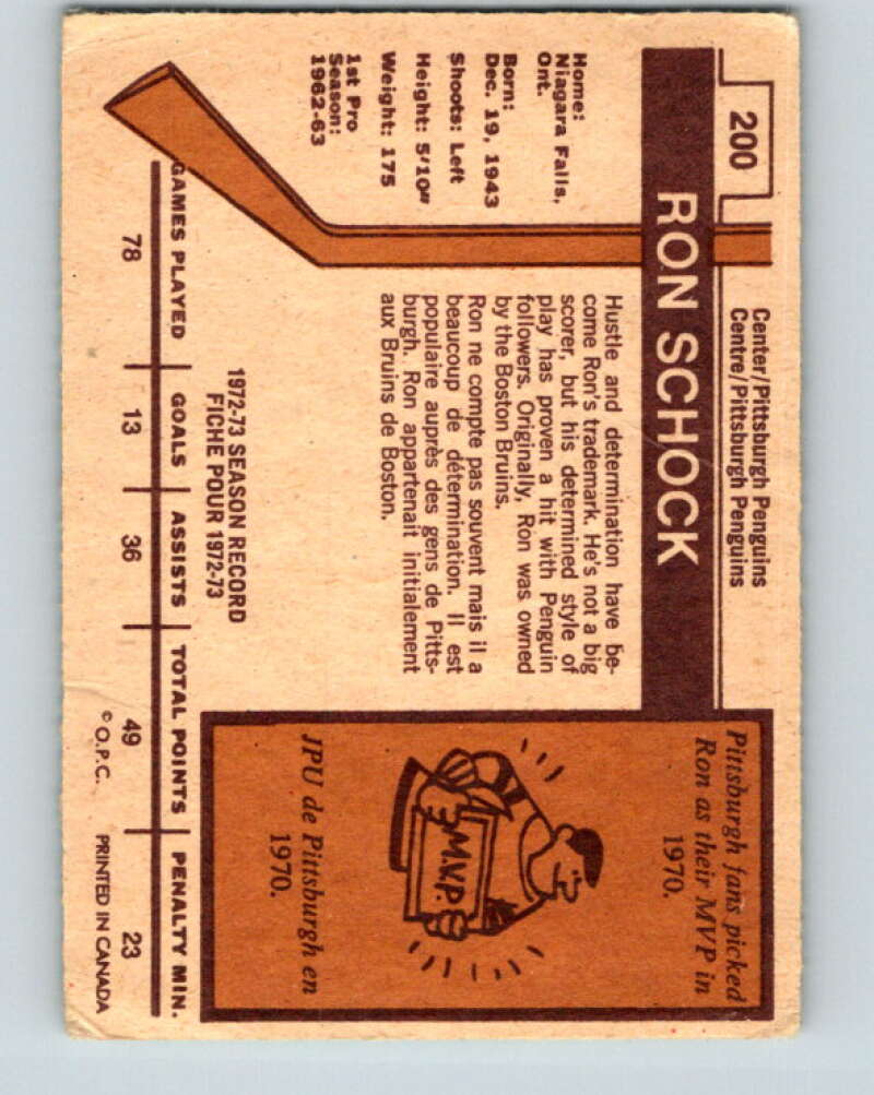 1973-74 O-Pee-Chee #200 Ron Schock Pittsburgh Penguins V8545