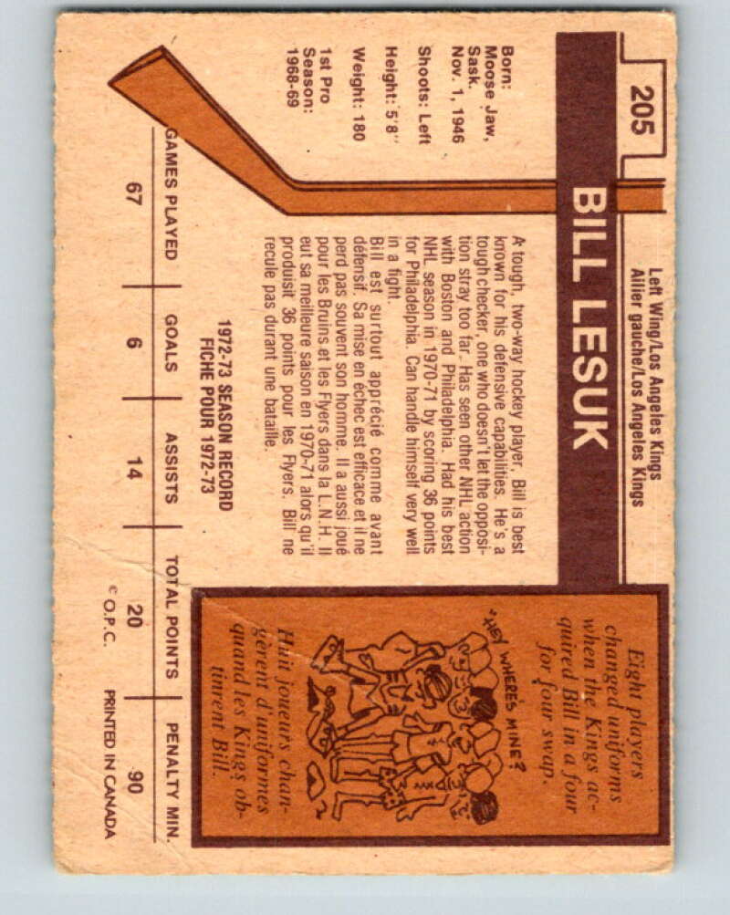 1973-74 O-Pee-Chee #205 Bill Lesuk Los Angeles Kings V8552