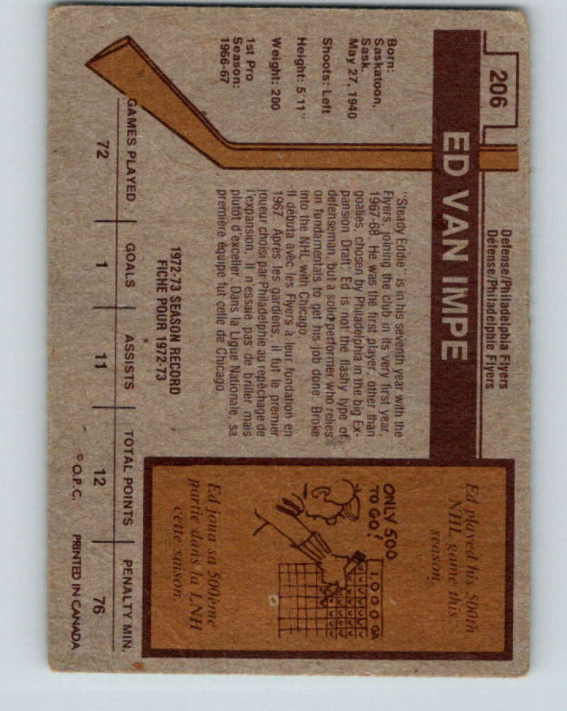 1973-74 O-Pee-Chee #206 Ed Van Impe Philadelphia Flyers V8553