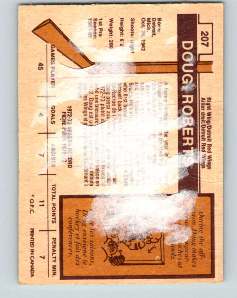 1973-74 O-Pee-Chee #207 Doug Roberts Detroit Red Wings V8554