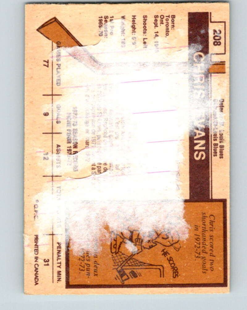 1973-74 O-Pee-Chee #208 Chris Evans St. Louis Blues V8556